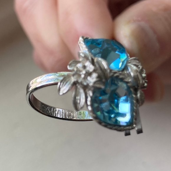 Vintage Sarah Coventry "Love Story" Double Blue Hearts Adjustable Ring - Picture 9 of 11